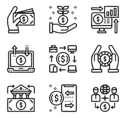 A set of black and white financial icons in a modern, minimalistic line art style. The icons depict various financial concepts, including cash transactions, online banking, investment growth