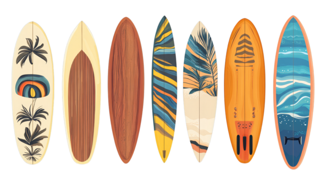 Colorful surfboard collection with tropical and wave patterns