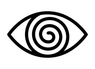 A black and white icon of an eye with a spiral inside representing dizziness visual impairment hypnosis or disorientation.