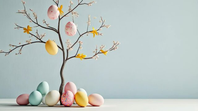 Pastel easter eggs hanging on blooming tree with blossoms and bird decorations