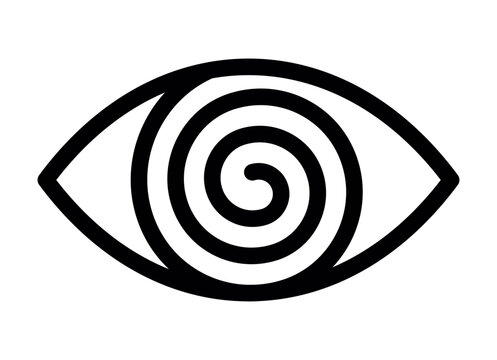 A black and white icon of an eye with a spiral inside representing dizziness visual impairment hypnosis or disorientation.
