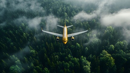 Aerial View of Aircraft Flying Above Dense Green Forests and Fog