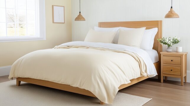 Cream colored bedding on a light wood bed frame in a bright bedroom with natural light. Minimalist bedroom decor with a neutral color palette