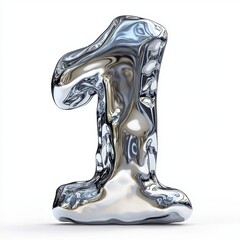 Number 1 made of molten silver with a high-gloss liquid metallic sheen and flowing texture isolated on a clean white background