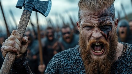 A fierce warrior, battle-worn and enraged, raises his axe amidst a chaotic battlefield filled with formidable opponents, embodying raw emotion and the spirit of conflict.
