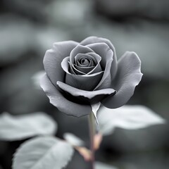 Black and white close up of a single blooming rose with soft focus background evoking timeless elegance romance and delicate beauty in fine art floral photography