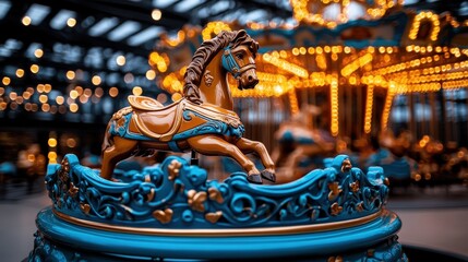 A beautifully crafted carousel horse shines brightly against a backdrop of warm ambiance, showcasing intricate design and evoking a sense of nostalgia and joy.