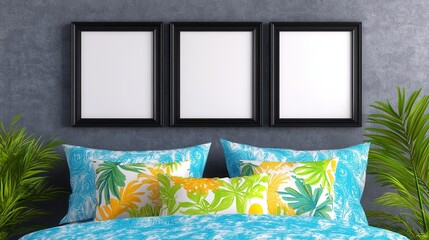 Three blank frames on a textured gray wall above a bed with vibrant tropical print pillows and lush green plants. Mockup for interior design