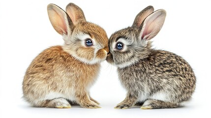 Obraz premium Two adorable baby rabbits kissing on a white background, detailed illustration of love and affection