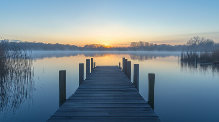 Fototapeta premium Tranquil sunrise over a calm lake, evoking peace and serenity