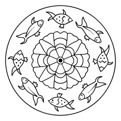 Aquatic Harmony: A whimsical illustration of marine life, showcasing a circular mandala-style design with stylized fish encircling a central floral motif. Generative AI.
