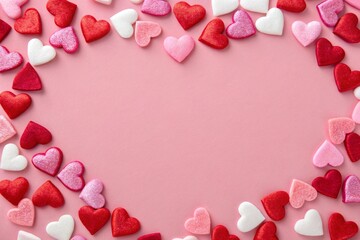 beautiful heart frame made of red, pink, and white hearts on soft pink backdrop