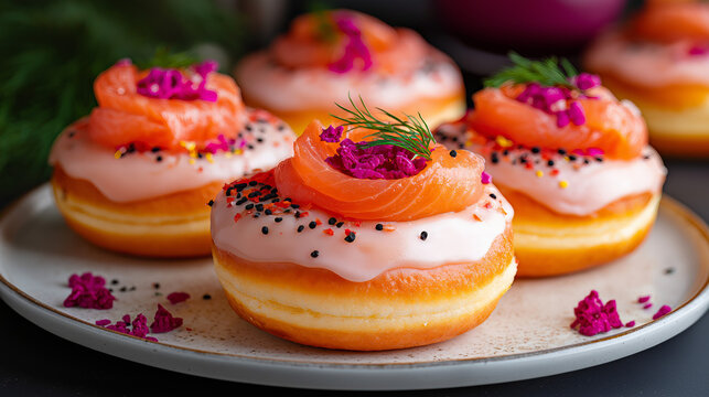 Donut Delights: Artistically crafted donuts, adorned with succulent salmon, are a gastronomic masterpiece, presented on a beautiful plate, a perfect fusion of sweet and savory.