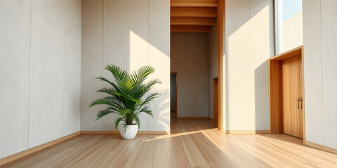 Bright wall background featuring a potted green plant on a wooden surface, creating a cheerful and vibrant atmosphere. Minimal furniture idea. A vibrant green plant.