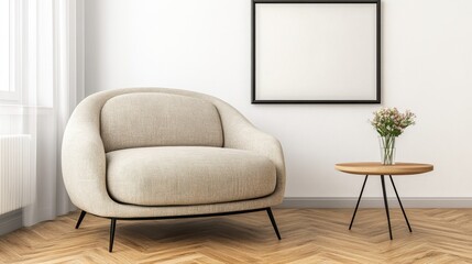 Beige armchair with patterned upholstery sits in a bright room with wooden floors, next to a small round wooden side table holding a vase of flowers