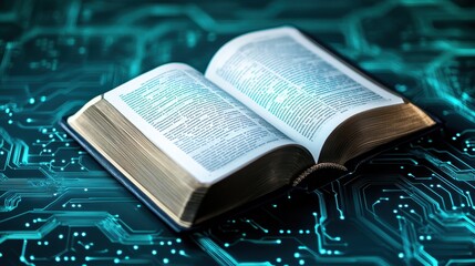 Fototapeta premium Open antique book rests on a teal circuit board background. The book's aged pages contrast with the modern technology, suggesting a theme of