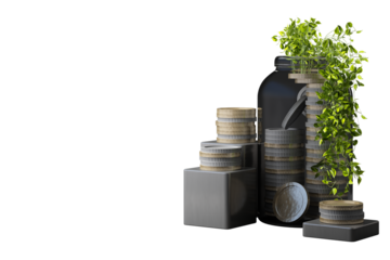 A financial growth concept featuring stacked gold and silver coins with a jar symbolizing savings and investment. Green plants emerge, representing prosperity and sustainable wealth. 3d rendering.