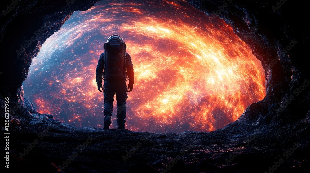 Poster astronaut in a cave gazing at a fiery nebula.