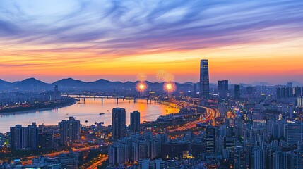Obraz premium Seoul Cityscape at Sunset with Fireworks Over the Han River