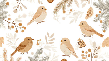 Rustic Holiday Pattern. Birds, pines, and berries form a charming seamless design for winter warmth and festive cheer, on a clean white backdrop.