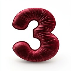 Number 3 made of deep red velvet fabric with soft, luxurious folds and rich texture isolated on a clean white background