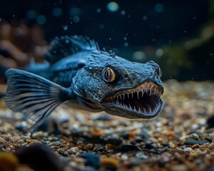 Obraz premium realistic photo a viperfish with a menacing expression, its needle-like teeth ,bioluminescent photophores glowing faintly in the water , scattered rocks, rough, scaly skin . Menacing deep water fish