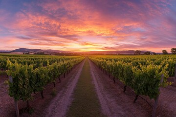 Fototapeta premium Ultra Quality Picture of Extra Wide Panoramic Shot of a Summer Vineyard Shot at Sunset