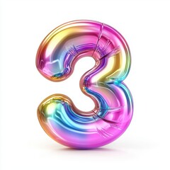 Number 3 made of shimmering holographic plastic with shifting rainbow colors and smooth texture isolated on a clean white background