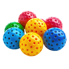 Obraz premium Colorful plastic balls in various shades arranged in a playful cluster isolated on transparent background, PNG