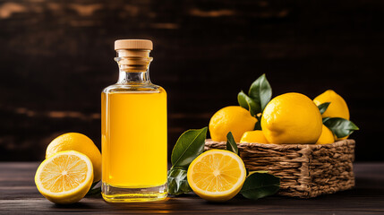 Zesty Citrus: A vibrant collection of fresh lemons with a glass bottle of essential oil, presenting freshness and natural elements.