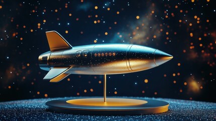 Fototapeta premium Elegant Metallic Rocket Model Displayed Against Starry Background