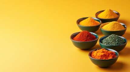 Assorted colorful spices in bowls against a vibrant yellow background