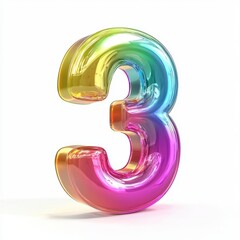 Number 3 made of translucent rainbow glass with prismatic light reflections isolated on a clean white background
