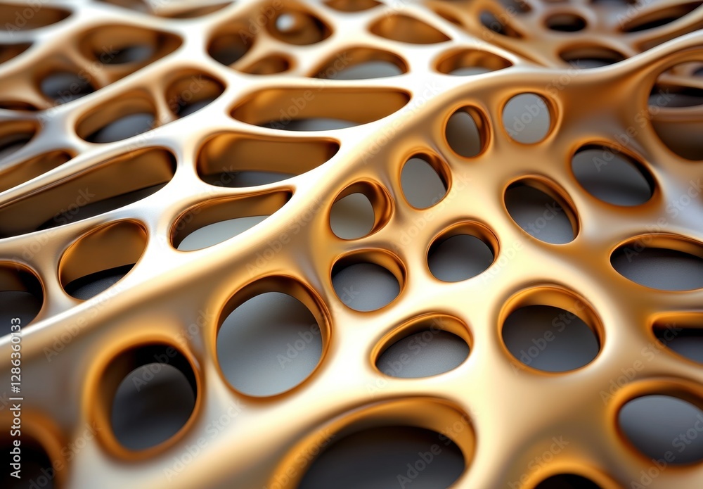 Fototapete abstract gold metallic surface with irregular holes and porous texture. 3d rendering of a complex or
