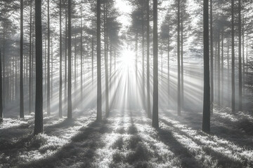 Fototapeta premium Sunlight Beams Through Misty Forest