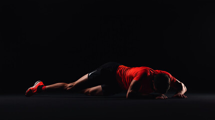 Exhausted athlete lying on the ground after intense effort, sportsman in red on black background