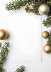 Festive Holiday Card Mockup with Christmas ornaments and pine branch frame for graphic designs, greetings and invitations.