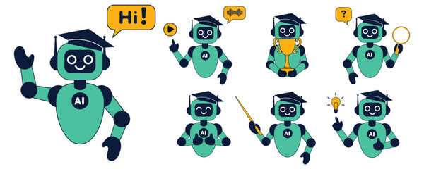 Set modern flat illustrations of cute ai robot, chatbot in school education. Artificial intelligence in school education concept. Vector illustration isolated on white background.