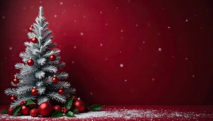 Dark maroon background with silver Christmas tree and holly decorations, elegant, winter, holiday