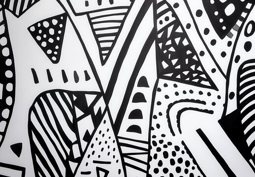 Abstract black and white drawing with geometric shapes, lines, and patterns. High contrast, intricate details, monochrome palette. Energetic and
