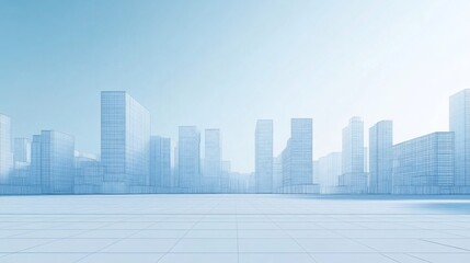 Fototapeta premium Blue city architectural drawing with grid floor and a light blue sky background design