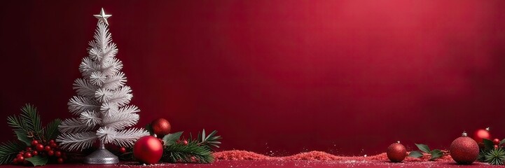 Dark maroon background with silver Christmas tree and holly decorations, holly, decoration