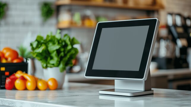 cafe concept. Modern tablet POS system in a cafe setting on a marble counter.
