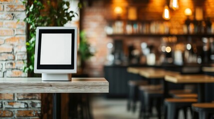 cafe concept. Modern café setting with a blank digital display on a table.