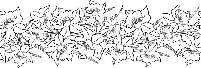 Seamless Floral Garland With Linear Pattern Of Daffodil Flowers And Leaves