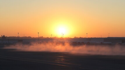 Naklejka premium Airport Runway at Sunrise with Ground Fog and Orange Sky