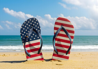 flip-flops with stars and stripes design on sunny beach with blue ocean
