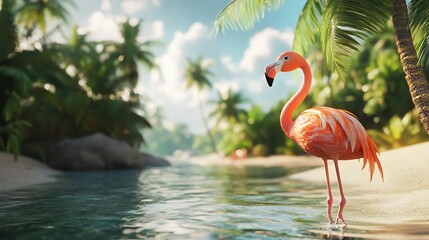 Fototapeta premium A stuffed flamingo standing gracefully in the shallow waters of a tropical beach