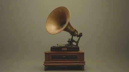 An antique gramophone with a large brass horn on display