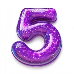 Number 5 made of glossy purple slime with holographic glitter particles suspended inside isolated on a clean white background